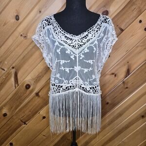 Papaya Boho Fringe Crochet Ivory Short‎ Sleeve Womens Top S/M Hippie Cotton